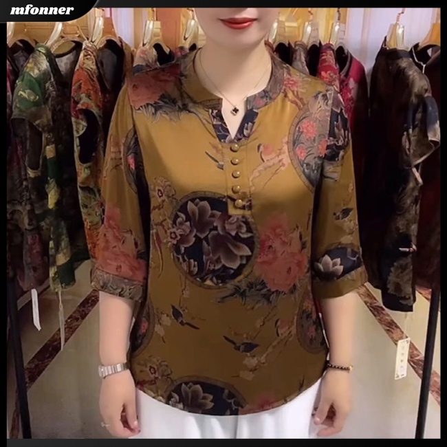 Áo Sơ Mi Tay Lỡ 3 / 4 Cổ Chữ V Họa Tiết Hoa Phong Cách Retro Cho Nữ