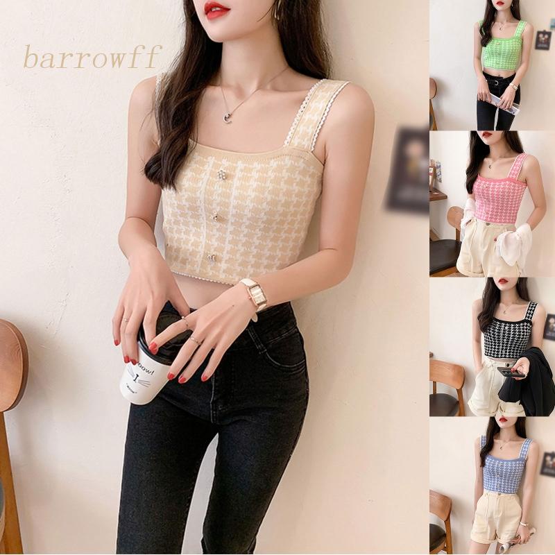 Brroa Áo Croptop Dệt Kim Dây Bản Rộng Cài Nút Họa Tiết Houndstooth Đính Ngọc Trai Cho Nữ