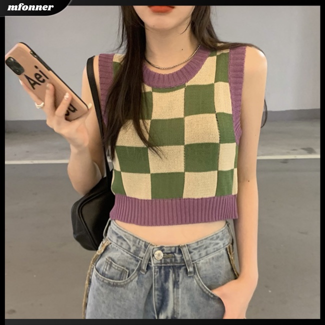 Áo Croptop Dệt Kim Không Tay Cổ Tròn In Họa Tiết Bảng Thời Trang Cho Nữ