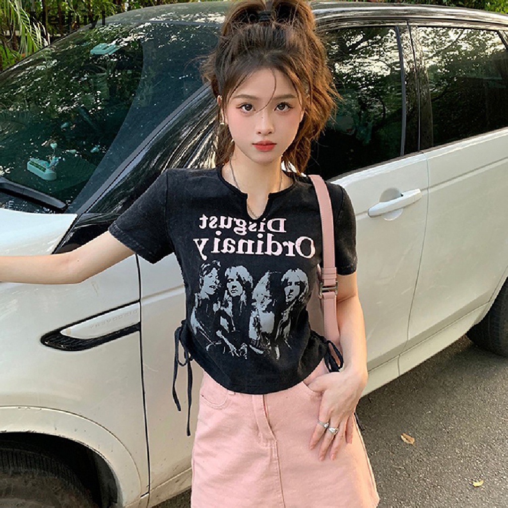 Áo Thun Tay Ngắn Cổ Chữ V Phối Dây Rút In Họa Tiết Phong Cách Retro Mỹ Thời Trang Mùa Hè Cho Nữ