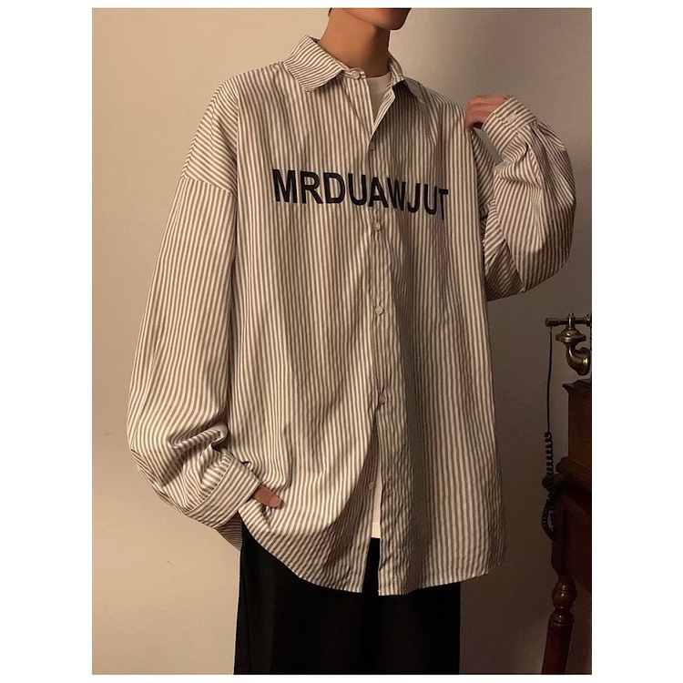 Áo Khoác Sơ Mi Nam Dài Tay Dáng Rộng Họa Tiết Sọc Dọc