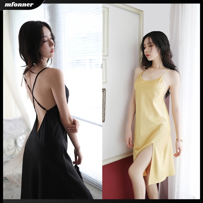 Đầm Ngủ Hai Dây Dáng Dài Vải Satin Viền Chéo Lưng Gợi Cảm Cho Bạn Gái