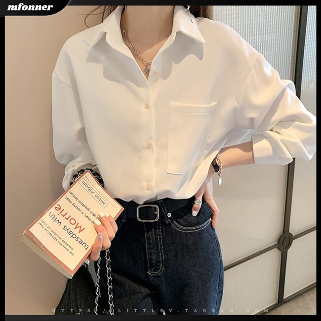Áo Sơ Mi Tay Dài Dáng Rộng Cài Khuy Kiểu Cổ Điển Thời Trang Công Sở Cho Bạn Gái
