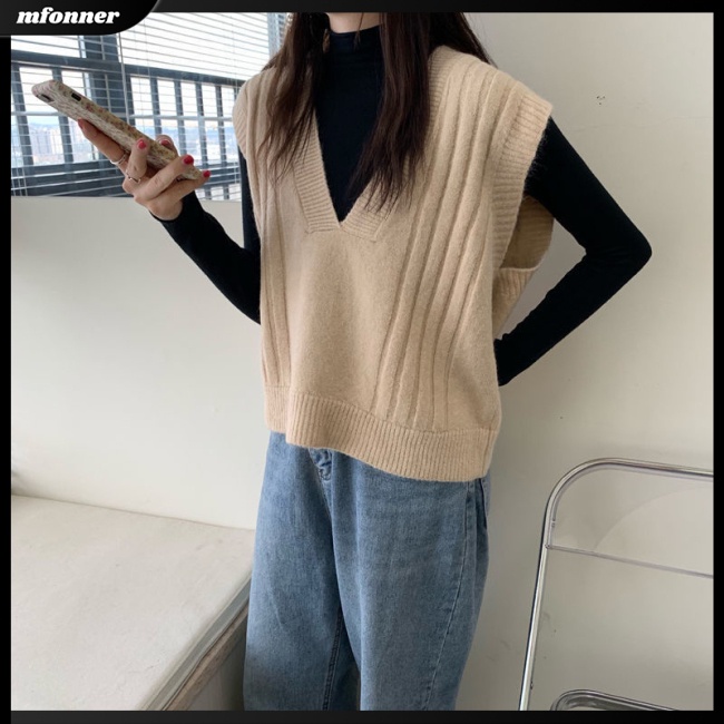 Áo Dệt Kim Sát Nách Dáng Rộng Cổ Chữ V Màu Sắc Retro Dành Cho Nữ