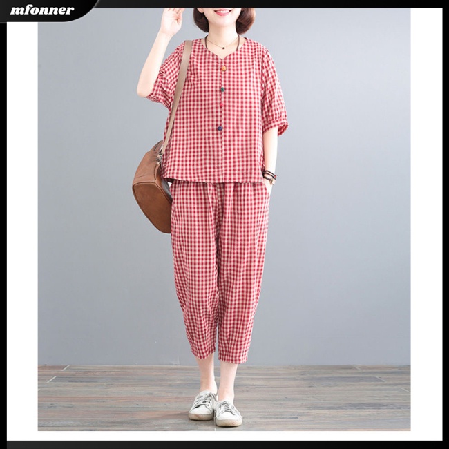 Set Đồ 2 Món Áo Croptop Tay Ngắn Và Quần Dài Họa Tiết Caro Thời Trang Cho Nữ