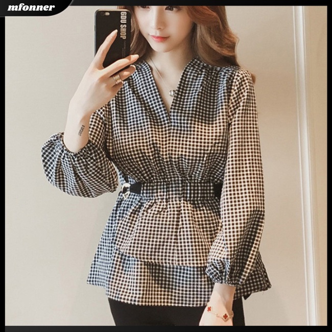 Áo Kiểu Tay Dài Cổ Chữ V Họa Tiết Kẻ Sọc Thời Trang Mùa Thu Cho Nữ