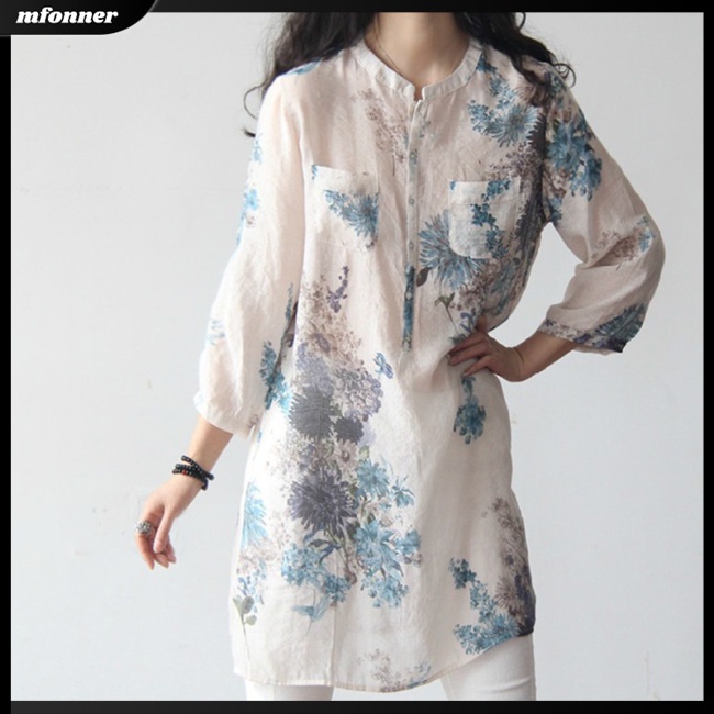 Áo Sơ Mi Rộng Bằng Vải Lanh Cotton In Hình Hoa Dành Cho Nữ Size Lớn