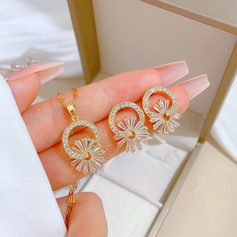 Bộ Dây Chuyền + Bông Tai Bằng Thép Titan Dát Đá Nhẹ Hình Hoa Sang Trọng Cá Tính Dự Tiệc