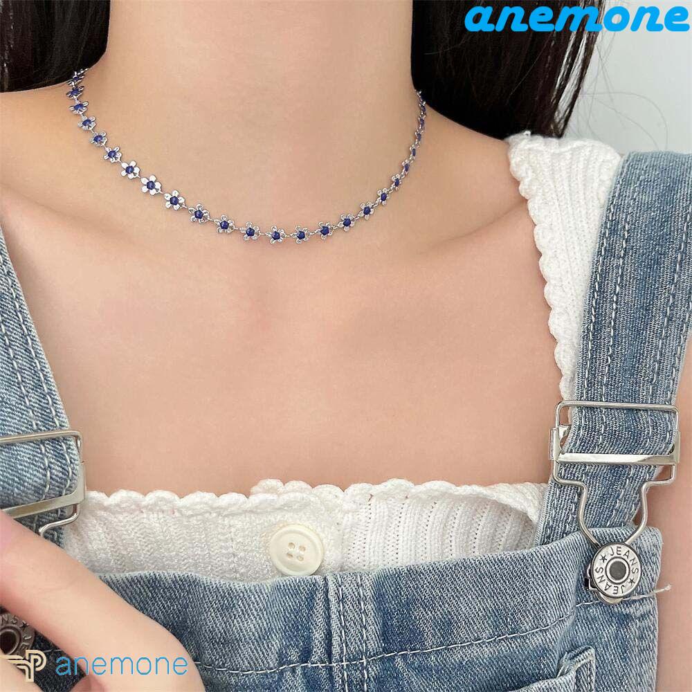 Vòng cổ Kim Loại Mặt Hình Hoa Nhỏ Màu Xanh Dương Phong Cách Hàn Quốc