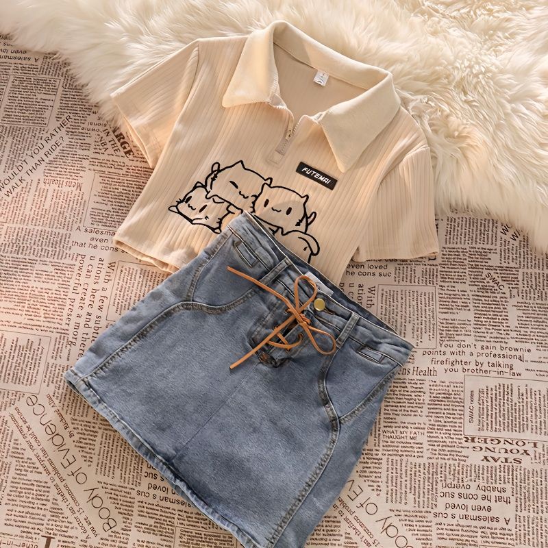 Set Áo Polo + Chân váy jean Thời Trang Mùa Hè Mới 2023 Cho Bé Gái 3-8 - 13 Tuổi
