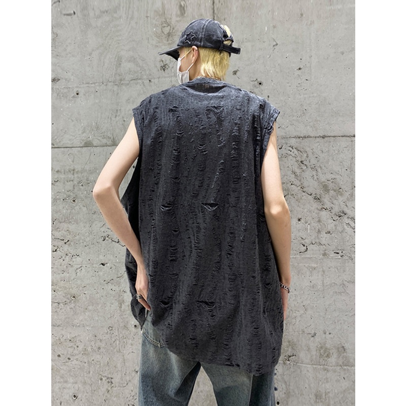 Áo Thun Sát Nách Dáng Rộng Phối Rách Cá Tính Cho Nam