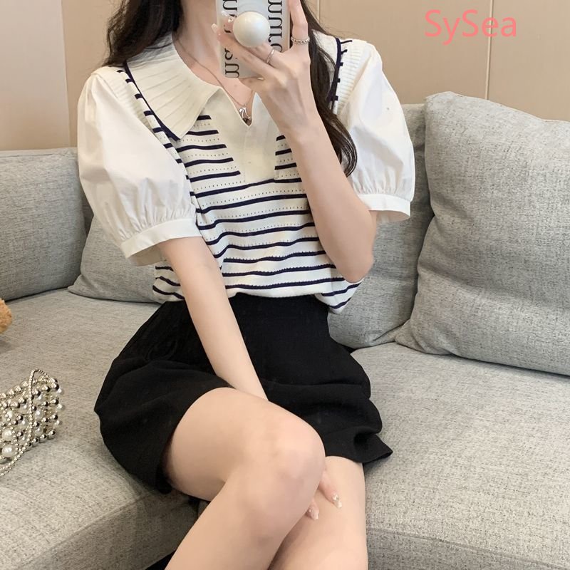 Áo Sơ Mi Dệt Kim Tay Phồng Họa Tiết Kẻ Sọc Thời Trang Mùa Hè Cho Nữ