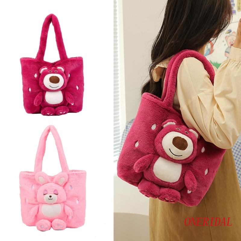 Túi Xách Tay Bằng Vải Bông Hình Thỏ Và Dâu Tây Màu Hồng Dành Cho Nữ