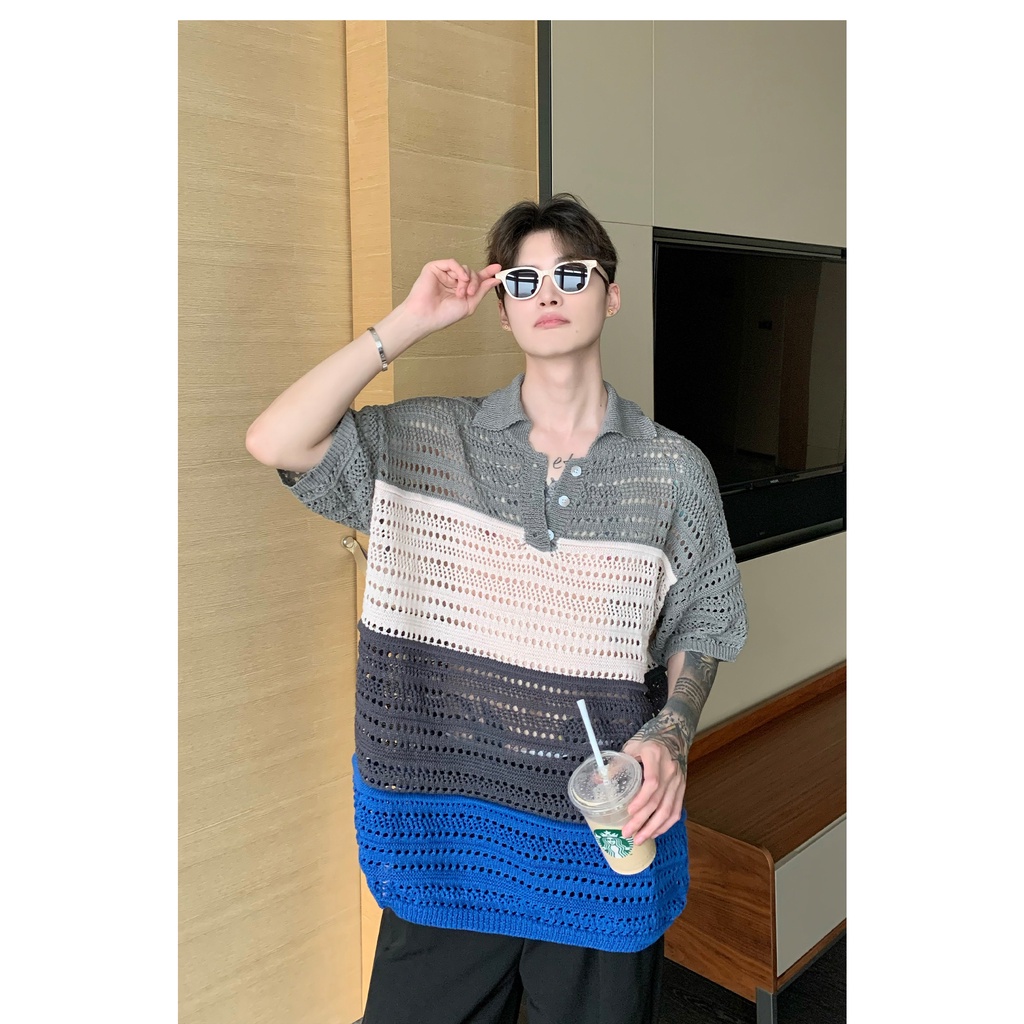 Áo Thun polo Dệt Kim Tay Ngắn Dáng Rộng Phối Nút Nhiều Màu Sắc Thời Trang Mùa Hè Cho Nam