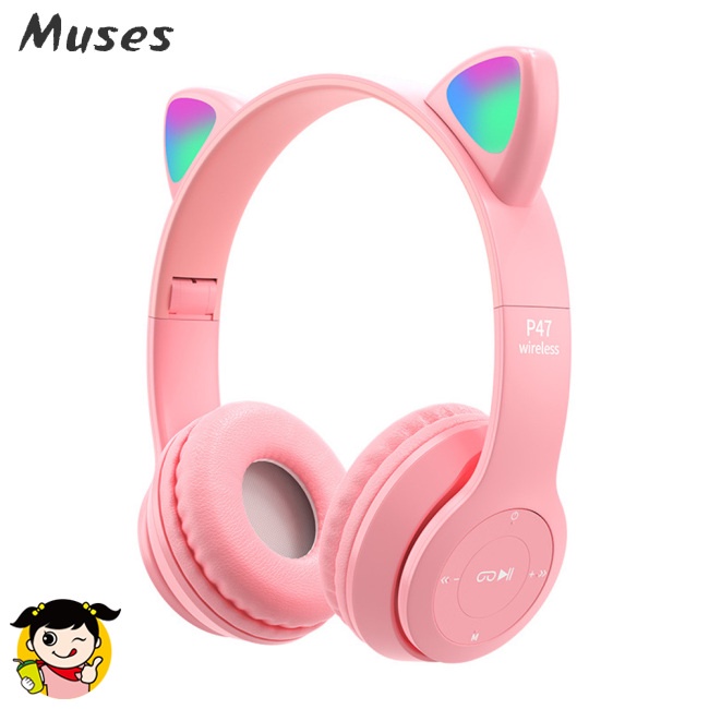 Tai Nghe Chụp Tai P47m Bluetooth Không Dây Thiết Kế Tai Mèo Dạ Quang Dễ Thương