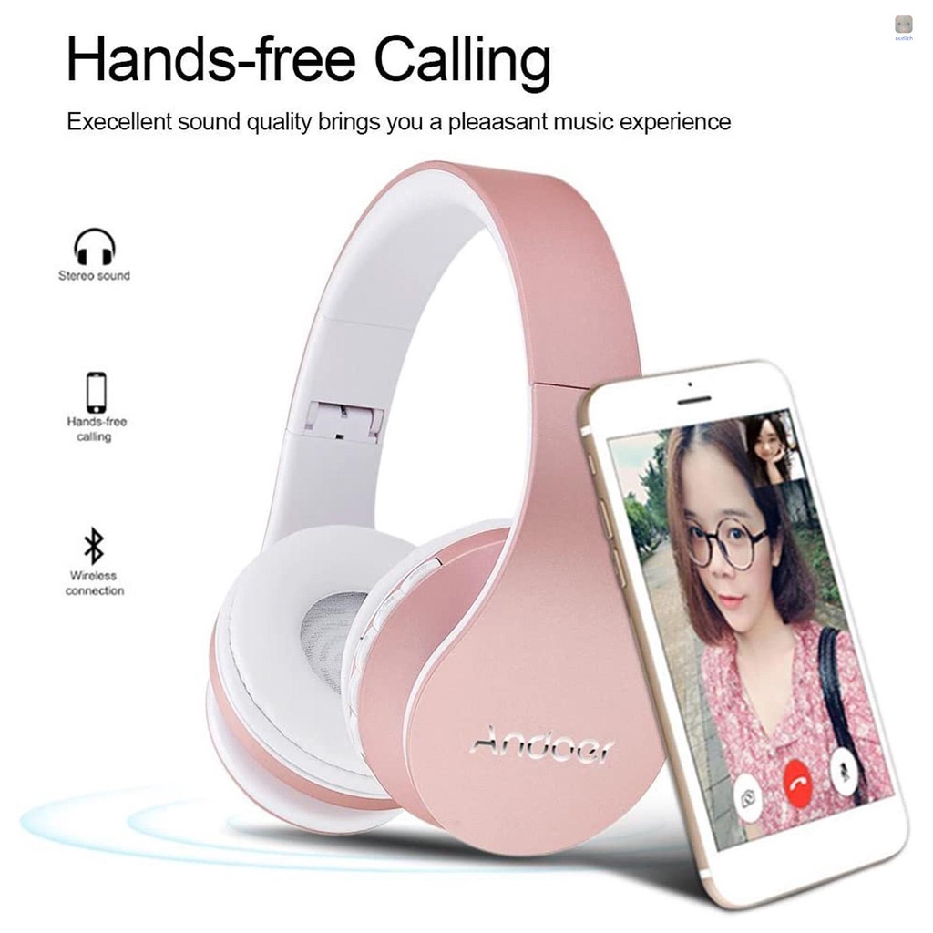 Tai Nghe Chụp Tai Andoer Bluetooth Không Dây Jack 3.5mm Có Thể Gập Lại Hỗ Trợ Thẻ TF Đài FM Cho Điện Thoại Máy Tính Bảng Laptop (Màu Vàng Hồng)