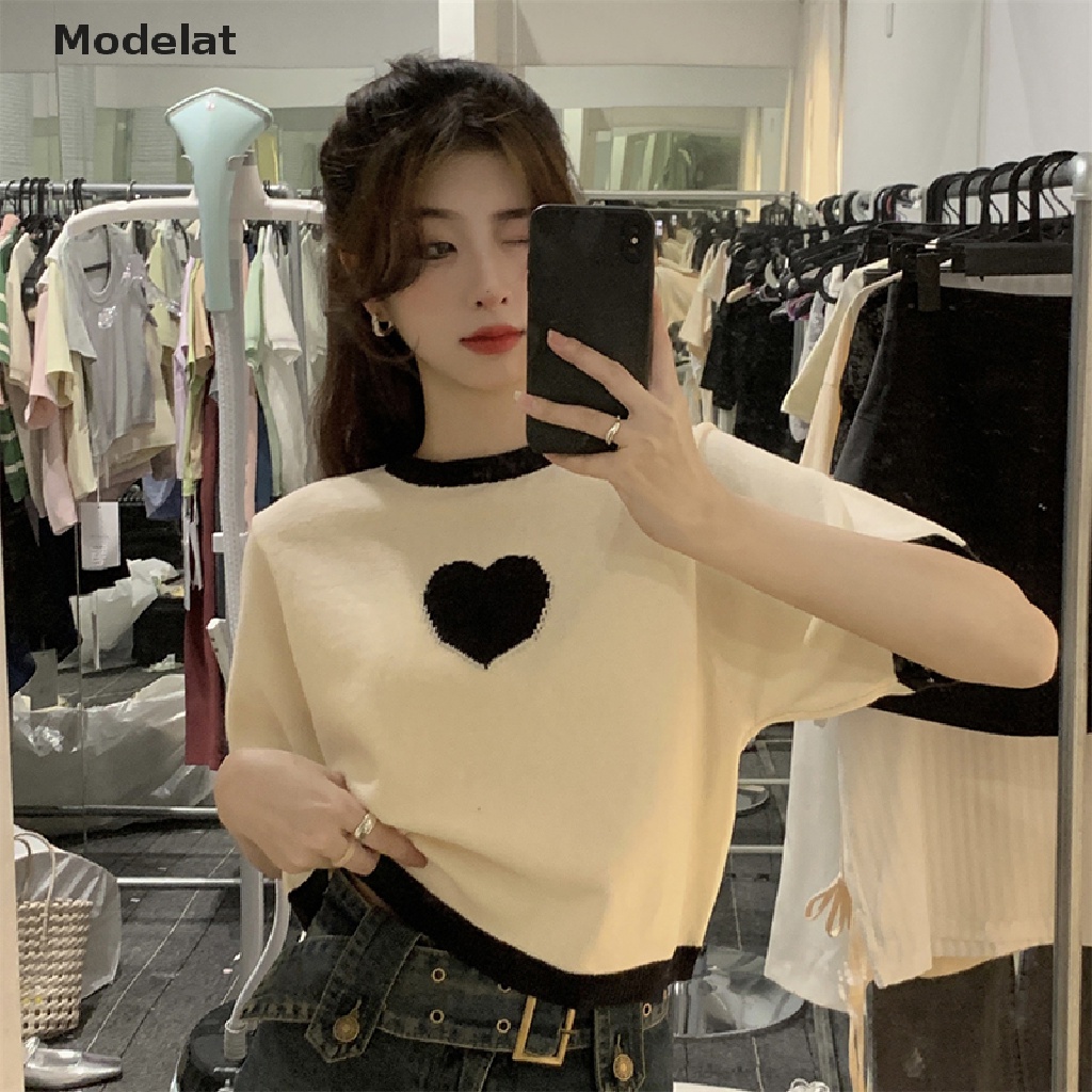 Áo Thun Croptop Dệt Kim Tay Ngắn Cổ Tròn Dáng Rộng In Hình Trái Tim Thời Trang Mùa Hè Cho Nữ