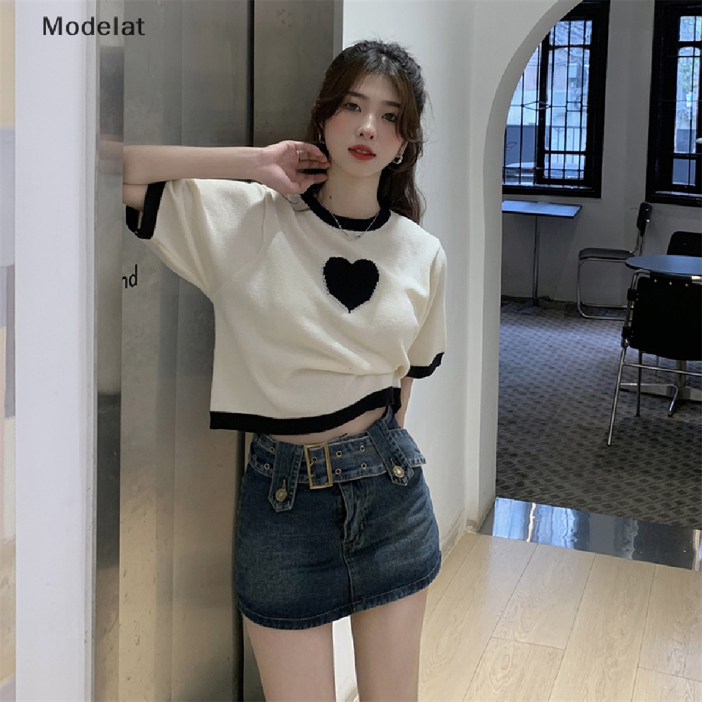 Áo Thun Croptop Dệt Kim Tay Ngắn Cổ Tròn Dáng Rộng In Hình Trái Tim Thời Trang Mùa Hè Cho Nữ