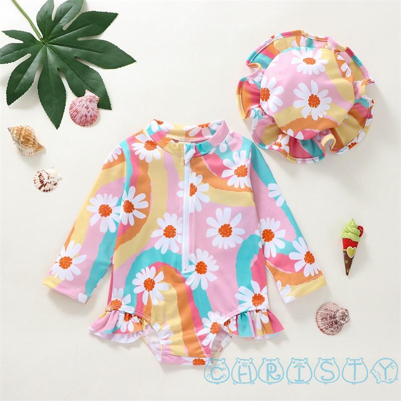 Cht-kid Bộ Đồ Bơi Liền Thân Cổ Đứng Tay Dài Có Khóa Kéo + Mũ Cho Bé Gái