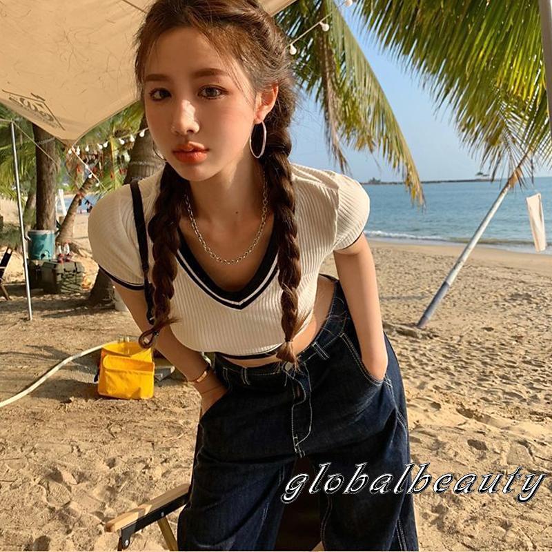 Áo Croptop Dệt Kim Tay Ngắn Cổ Chữ V Màu Sắc Tương Phản Thời Trang Cho Nữ