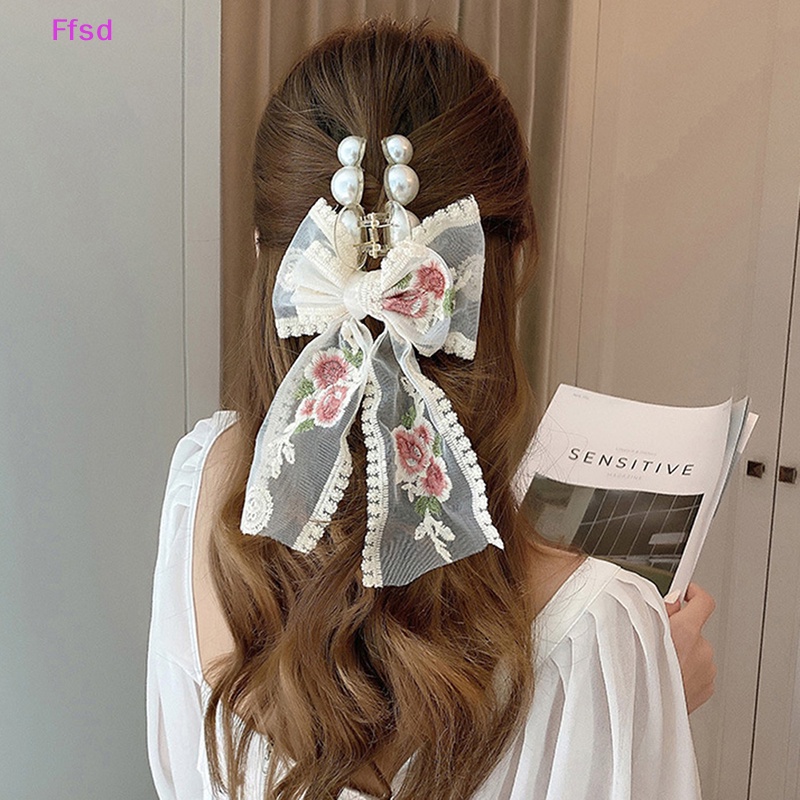 {Ffsd} Kẹp Tóc Thắt Nơ Bằng Vải Thêu Hoa Hồng Phối Ren Đơn Giản Phong Cách Hàn Quốc Dành Cho Bạn Gái *
