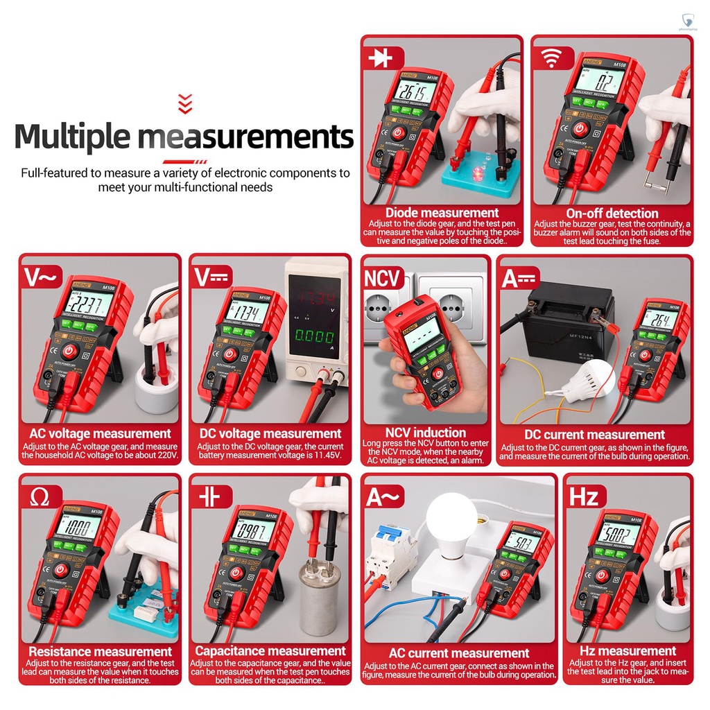 Đồng Hồ Vạn Năng Kỹ Thuật Số Thông Minh ANENG M108 Đếm 4000 NCV Cầm Tay Có Đèn Nền AC / DC