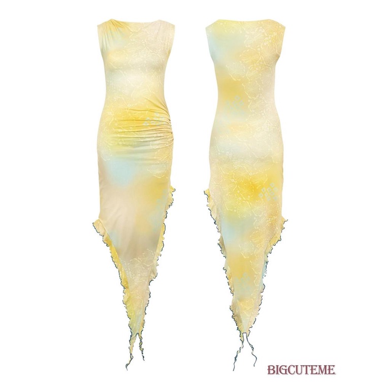 Đầm Midi Sát Nách Cổ Tròn Phối Bèo In Họa Tiết Thời Trang Mùa Hè Cho Nữ