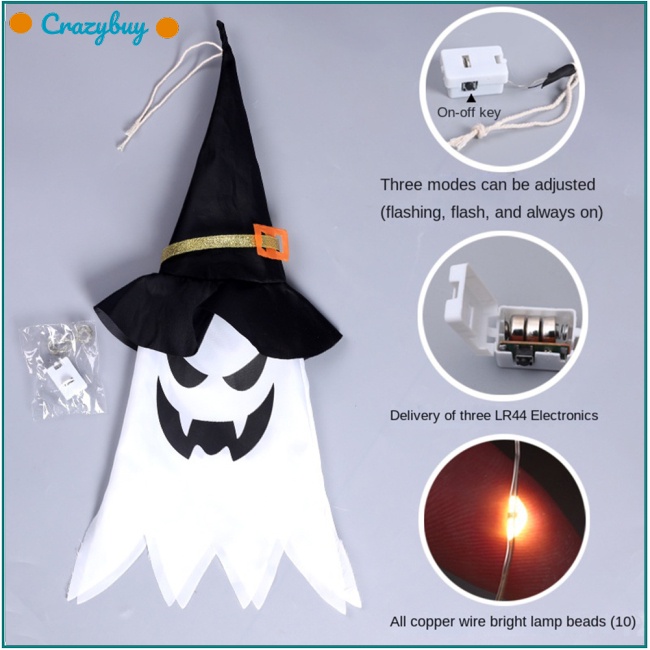 Cr Phụ Kiện Trang Trí Halloween Hình Ma Đội Nón Phù Thủy Có Đèn Led Phát Sáng Độc Đáo