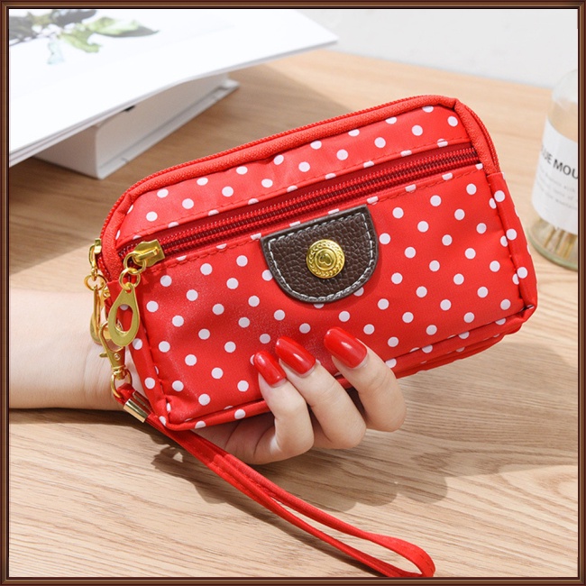 Jaz Túi Xách Tay Bằng Vải Bạt 3 Lớp Có Dây Kéo In Chấm Bi Đựng Điện Thoại Cho Nữ