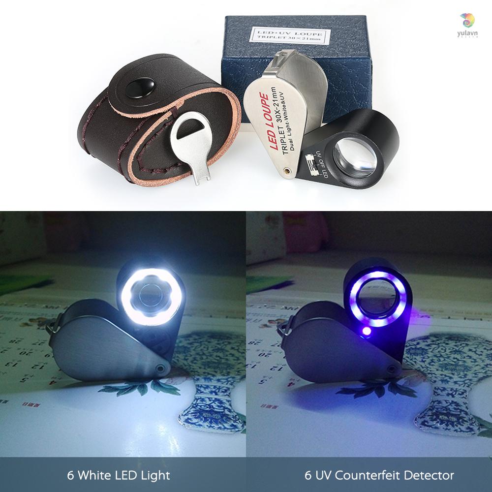 Kính Lúp 30X Mini Cầm Tay Đa Năng Có Đèn LED 6 Bóng 21mm 6 Chế Độ