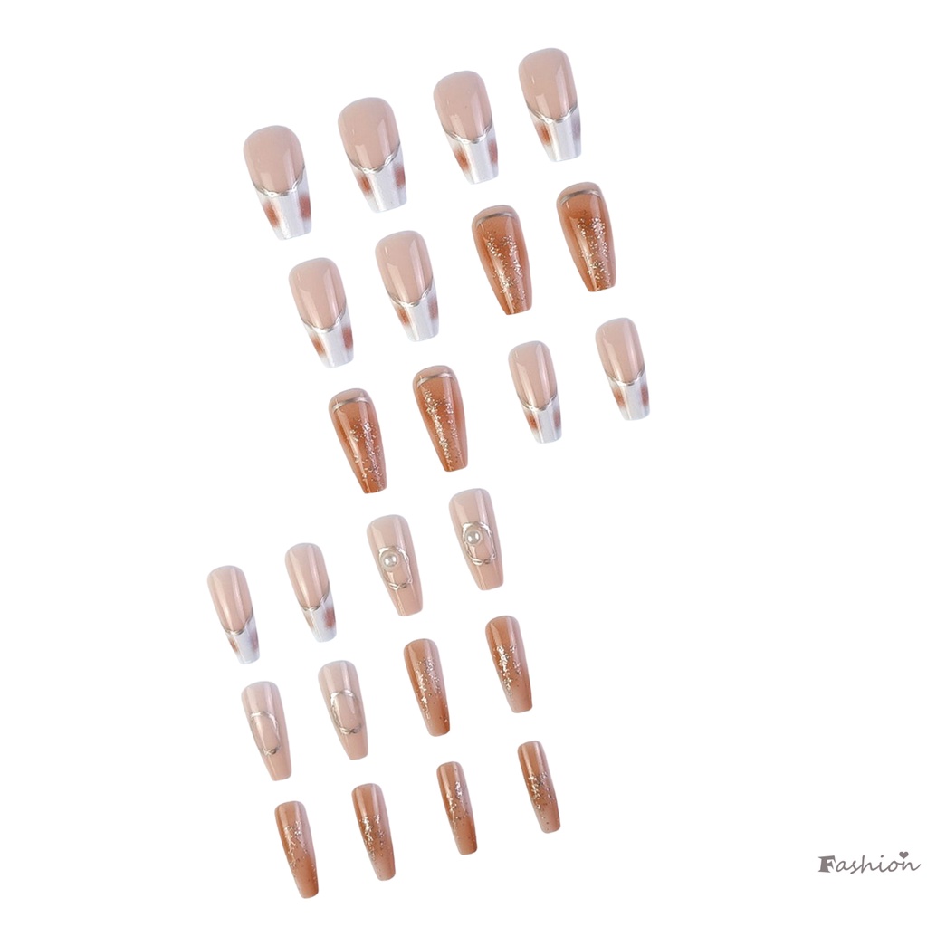 Bộ Móng Tay Giả Dài Màu Hồng Trong Suốt Đính Ngọc Trai Không Gây Hại Viền Mượt Mà