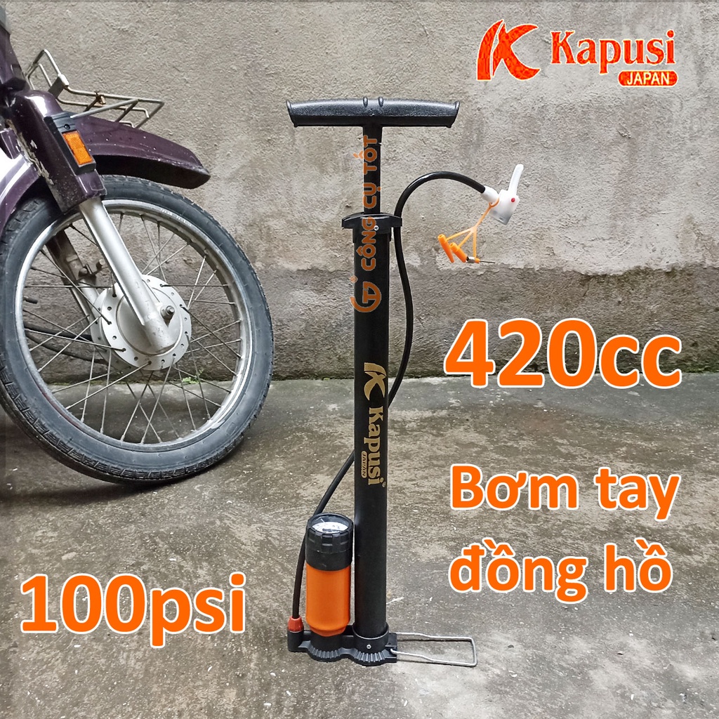 Bơm xe tay có đồng hồ và bình 7 cân hơi Kapusi japan