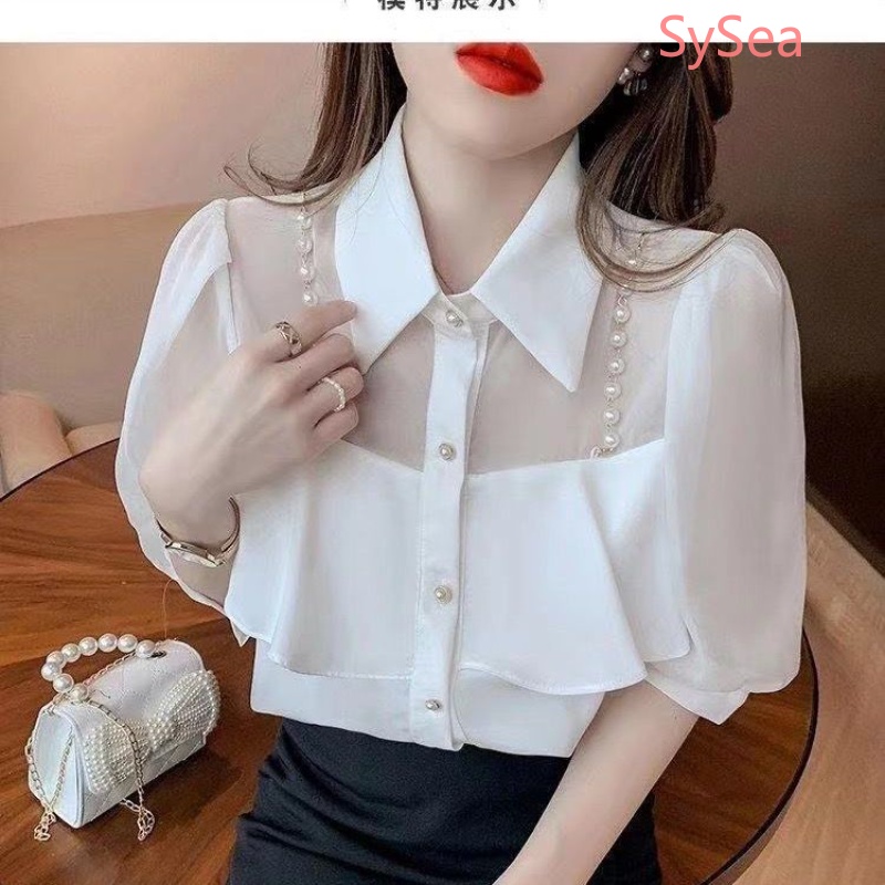 Áo Sơ Mi Voan Phối Ren Bèo Nhún Thanh Lịch Thời Trang Cho Nữ