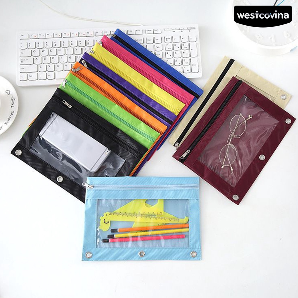 [COD]♪Túi Đựng Bút 3 Lỗ Bằng Vải Oxford Trong Suốt Có Khóa Kéo Tiện Dụng Cho Trường Học / Văn Phòng