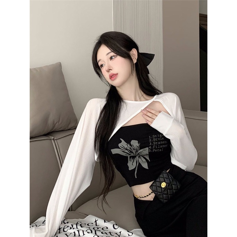 Set áo ống kèm áo khoác ngoài in hoạ tiết hoa độc lạ 🦋🦋🦋GB alohashop91