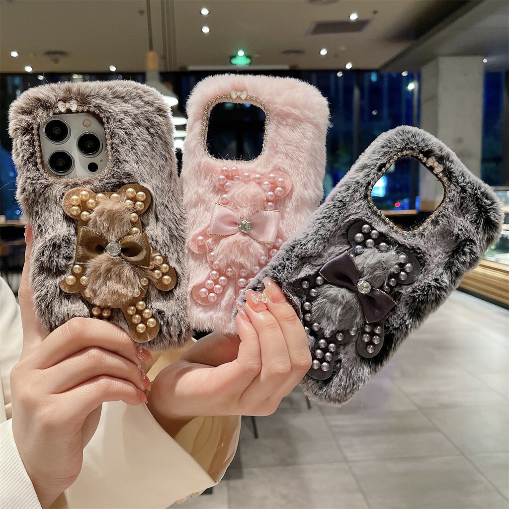 Ốp Điện Thoại Hình Gấu Bông Mềm Đính Ngọc Trai Cho iPhone 14 13 12 11 8 7 XS Max Pro Plus