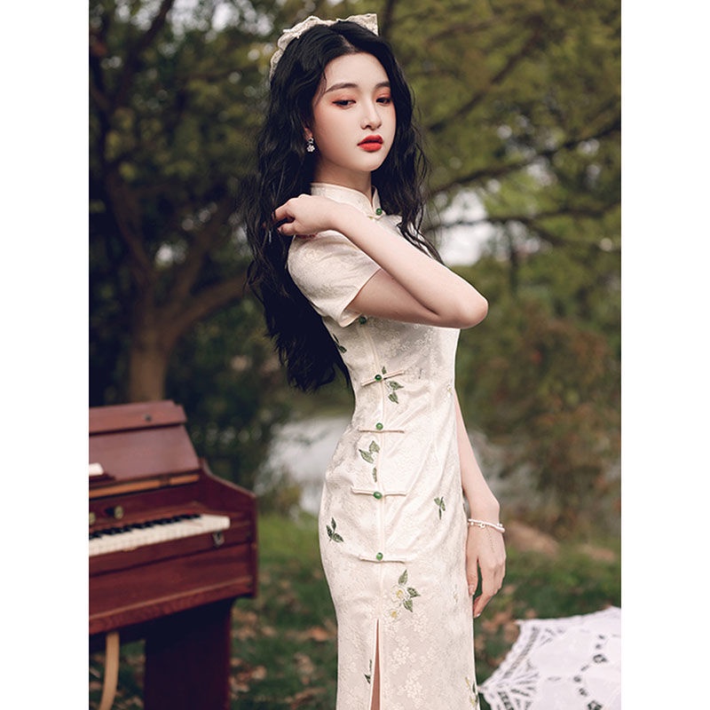 Sườn Xám Cách Tân Ngắn Tay In Hoa Thời Trang Mùa Hè Phong Cách Trung Hoa