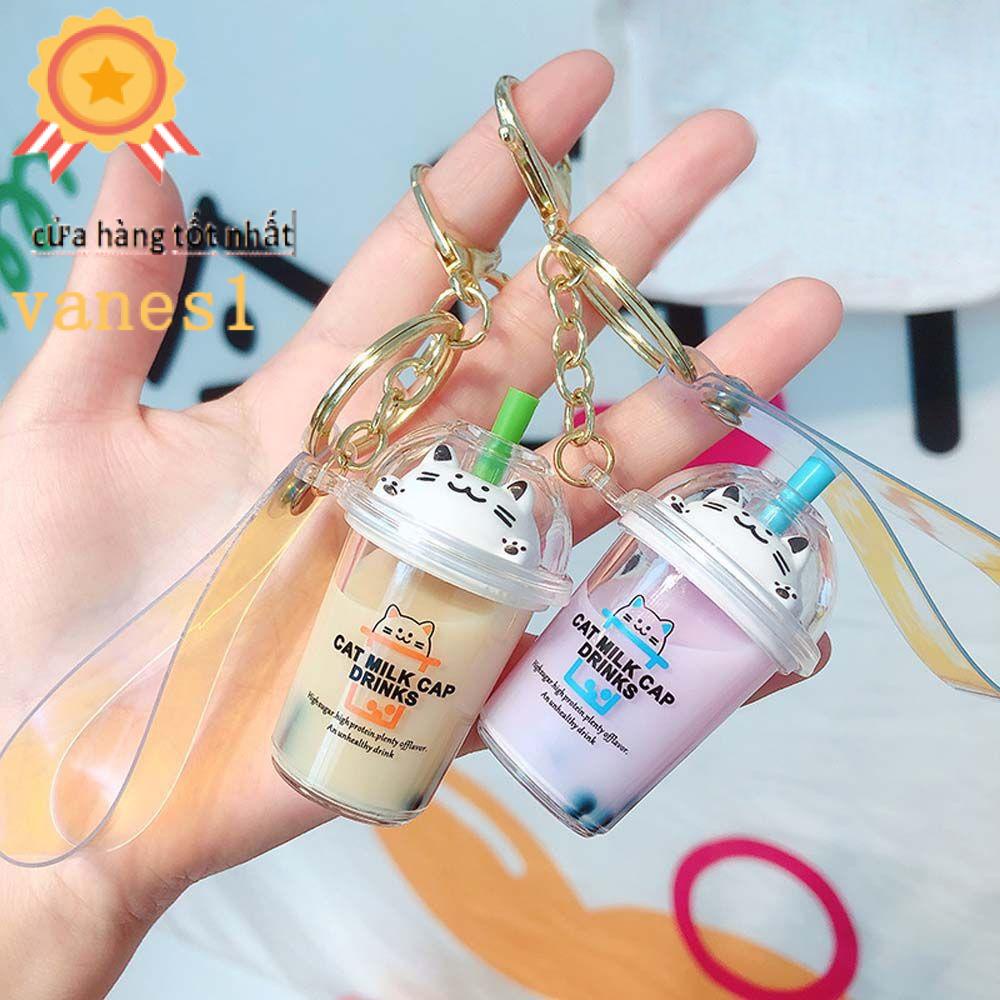 Móc Khóa Hình Trà Sữa VANES1 Bằng Acrylic Phối Kim Tuyến Nước Lấp Lánh Dễ Thương