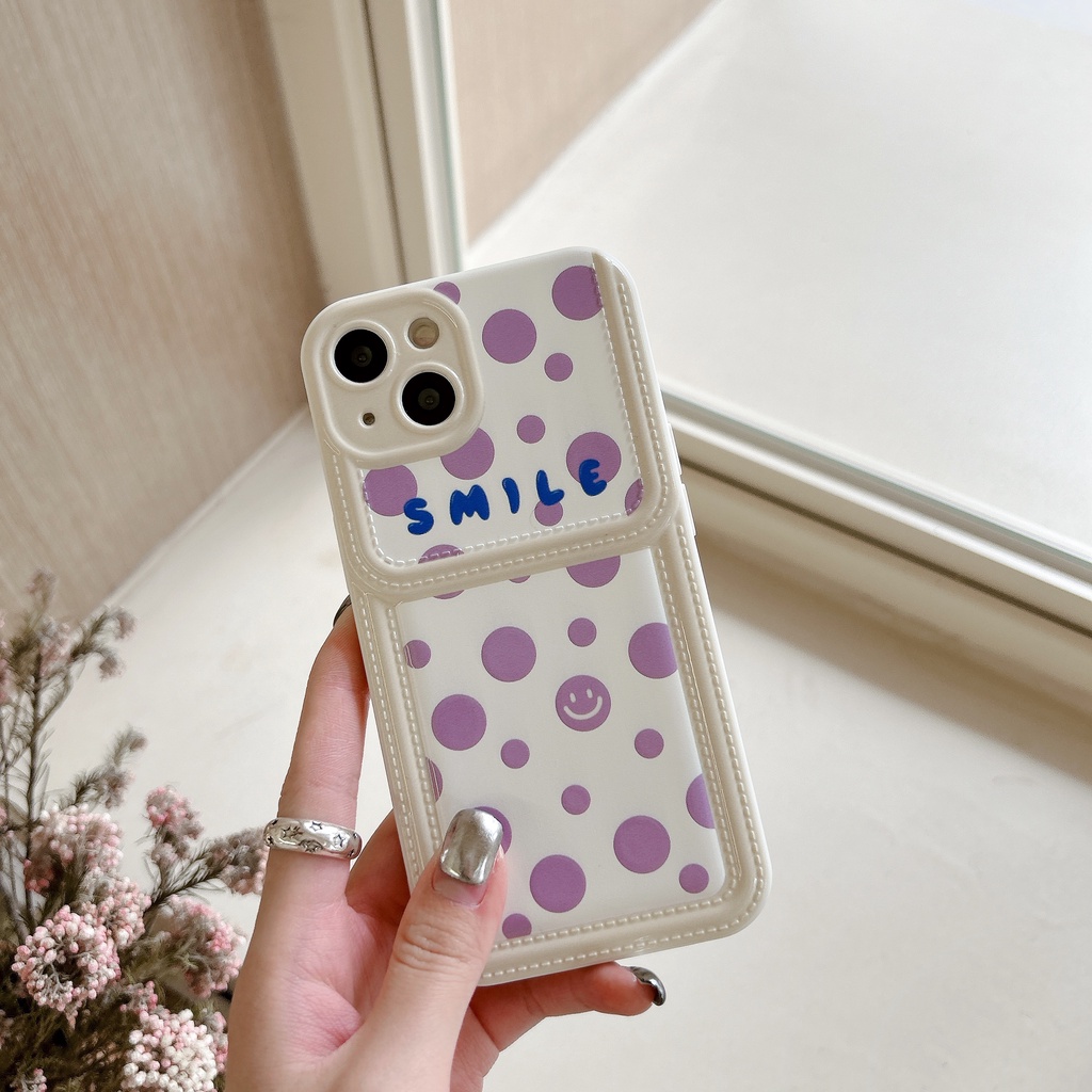 Ốp Điện Thoại TPU Dẻo Họa Tiết Chấm Bi Màu Tím Kèm Ngăn Đựng Thẻ Chống Rơi Cho iPhone11 12 13 14 Pro Max