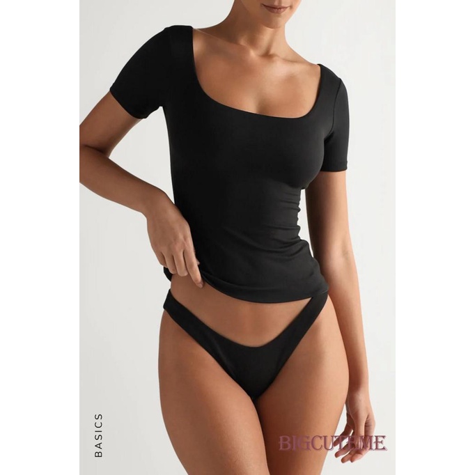 Áo Thun Tay Ngắn Cổ Vuông Màu Sắc Đơn Giản Dành Cho Nữ