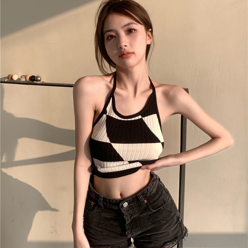 Áo Tank Top Hai Dây Màu Đen Kẻ Sọc Ca Rô Thời Trang Mùa Hè Xinh Xắn Cho Nữ