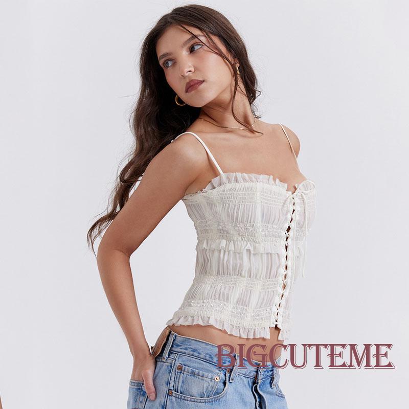 Áo Ren Trễ Vai Không Tay Nhún Bèo Phong Cách Đường Phố Thời Trang Mùa Hè Cho Nữ