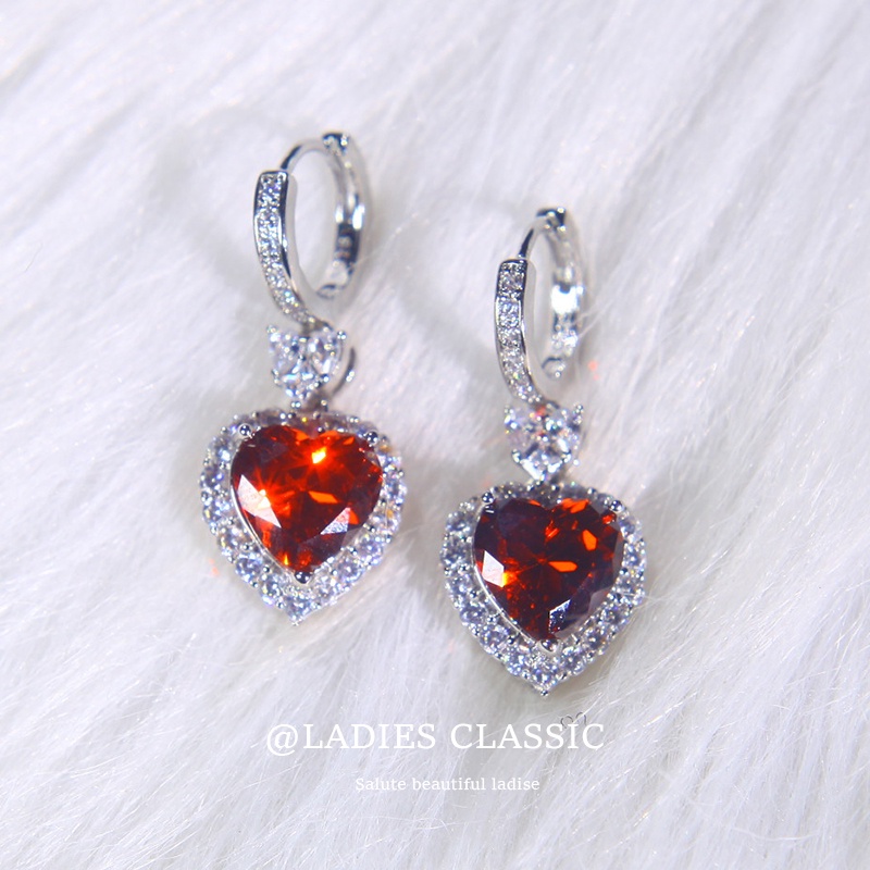 Bộ Dây Chuyền + Bông Tai Hình Trái Tim Đính Đá Sapphire Xanh Đỏ Thời Trang Cho Nữ