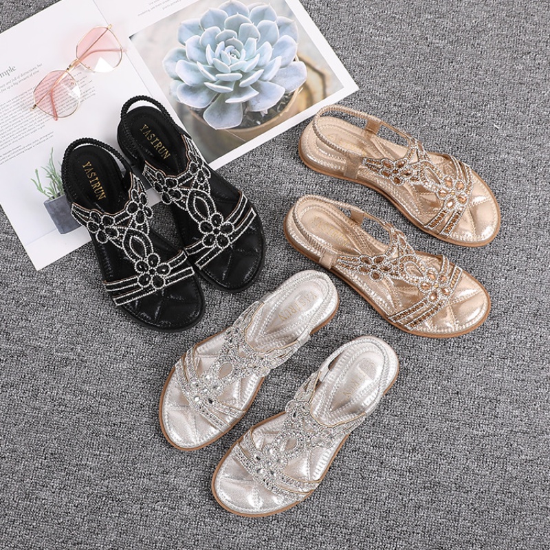 Giày Sandal Đế Bằng Đính Đá Phong Cách Bohemian Thời Trang Cho Nữ Có Size Lớn