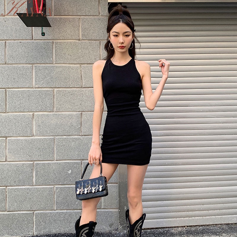 Kayna Đầm Ôm Hông Cổ Yếm Hở Lưng Màu Đen Thời Trang Mùa Hè 2023 Nóng Bỏng Phong Cách Âu Mỹ Quyến Rũ