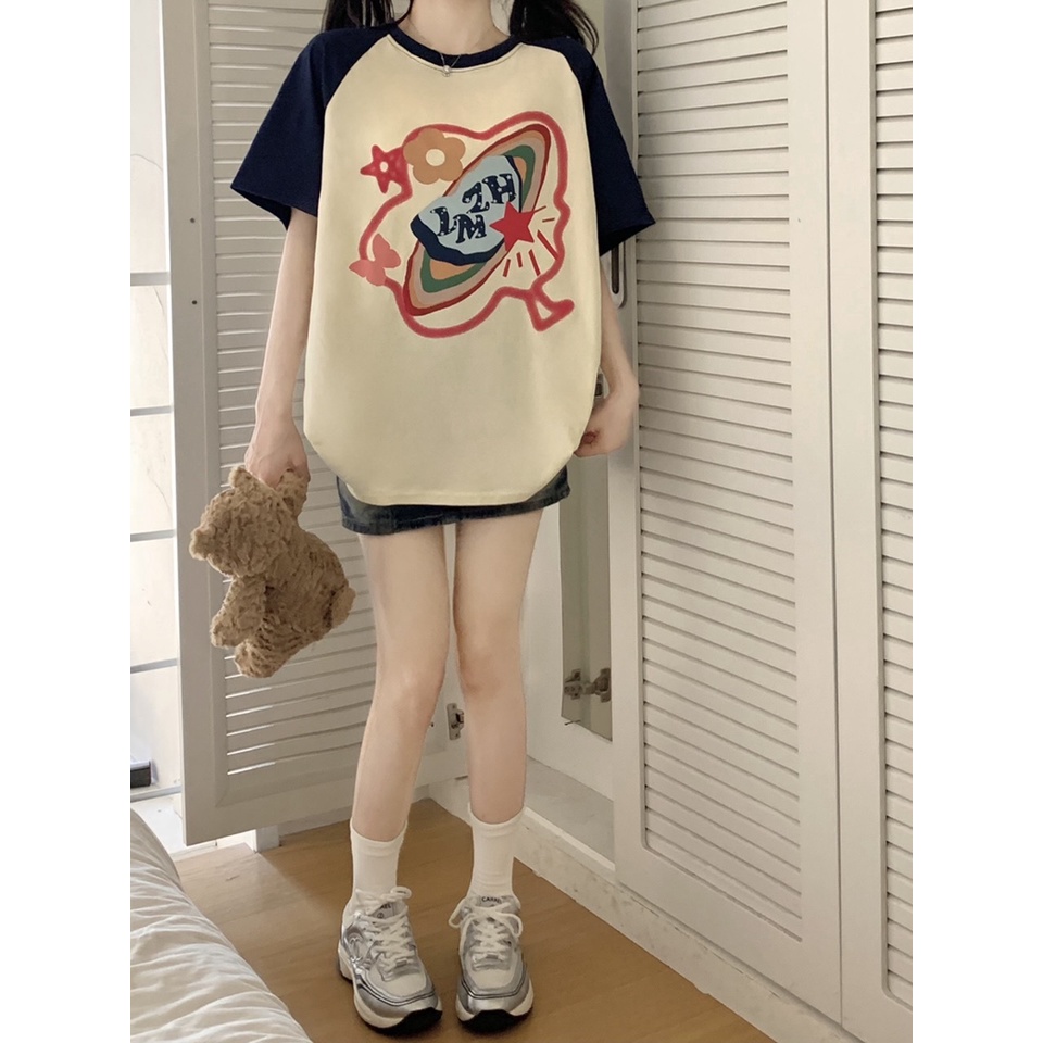Áo Thun Tay Ngắn Dáng Rộng In Hình Hành Tinh Màu Sắc Đơn Giản Thời Trang Mùa Hè Năng Động