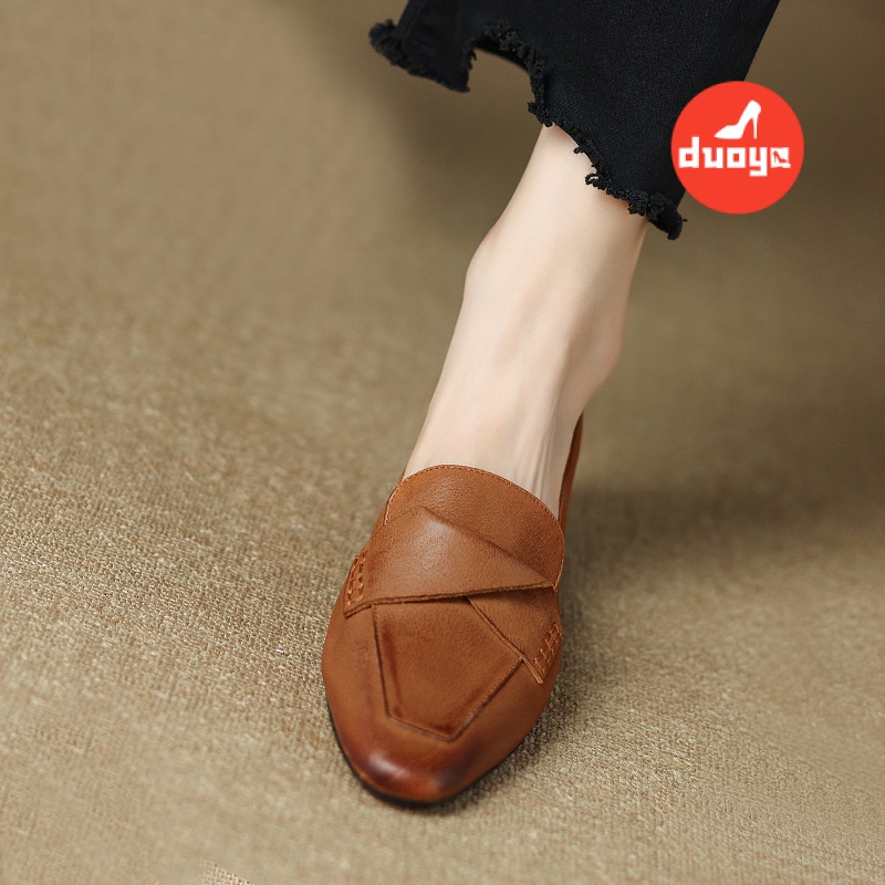 Duoya Giày Da Mềm Gót Dày Vừa Mũi Nhọn Màu Nâu Phong Cách Pháp Cho Nữ