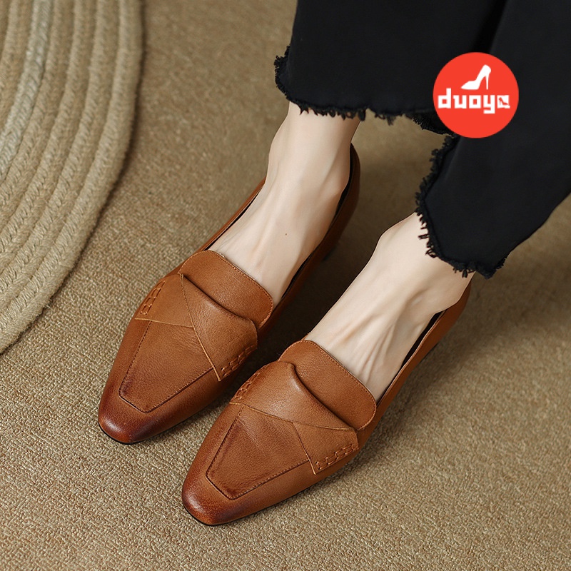 Duoya Giày Da Mềm Gót Dày Vừa Mũi Nhọn Màu Nâu Phong Cách Pháp Cho Nữ