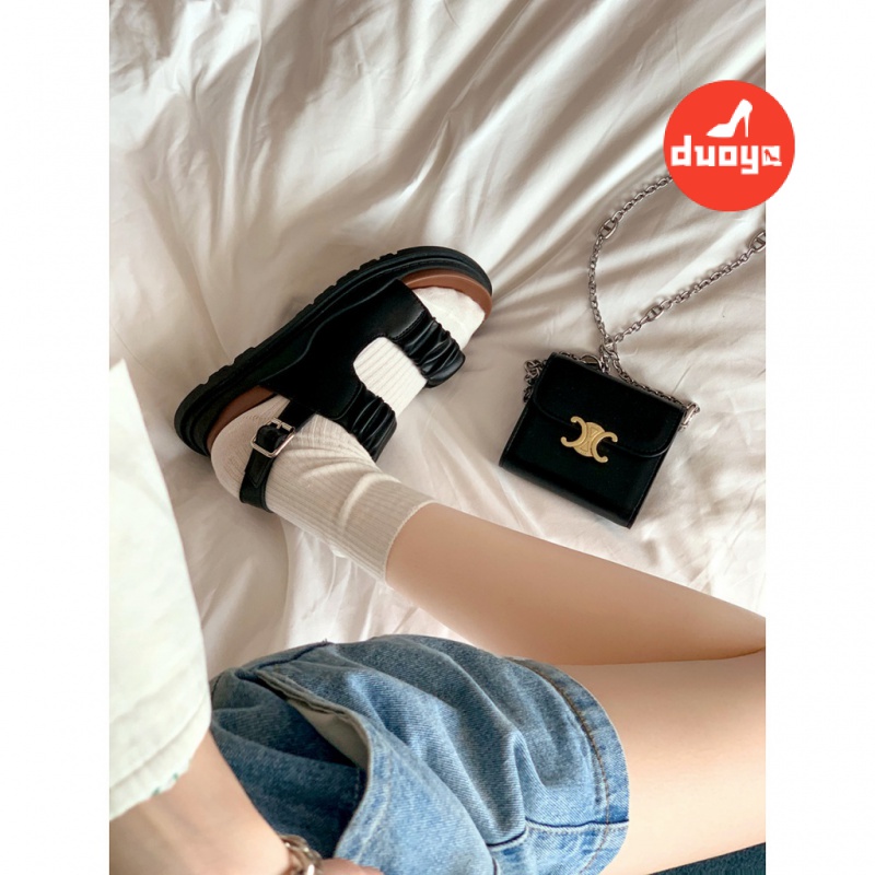 Duoya Tóc Thẳng ~ [Hàng Có Sẵn] Giày Sandal Thể Thao Đế Phẳng Dày Dây Xếp Ly Cài Khóa Phẳng Phong Cách Giản Dị