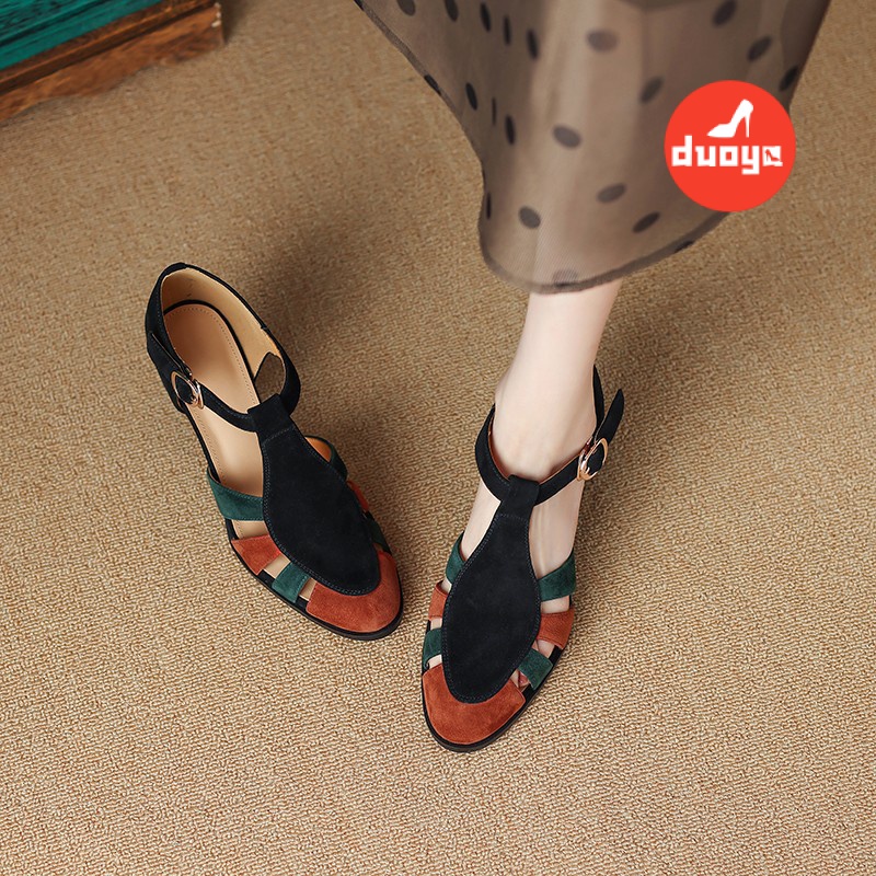 Giày Sandal Mũi Tròn 6.5cm Phối Màu Sang Trọng Thời Trang Mùa Hè Cho Nữ